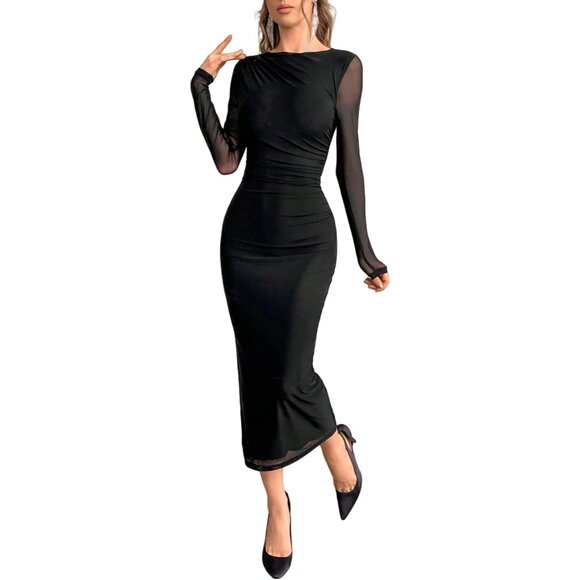 Women's Long Sleeve Midi Bodycon Dress Elegant Ruched Mesh Party Wear